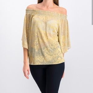 Tahari Metallic Gold Shimmer Off the Shoulder Blouse. Size LARGE.